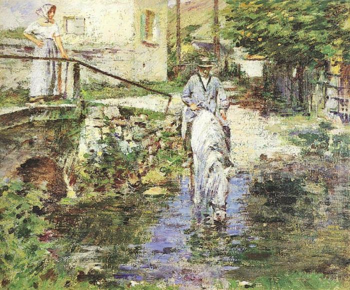 Theodore Robinson Pere Trognon and His Daughter at the Bridge